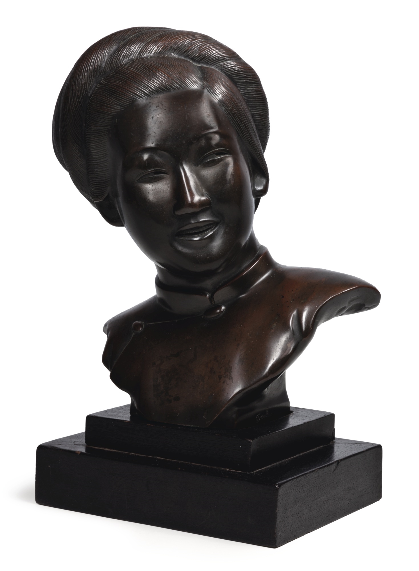 Artwork by Doc Loi Studio, BUSTE DE JEUNE FEMME (BUST OF A YOUNG GIRL), Made of Bronze on an original wooden base from the period