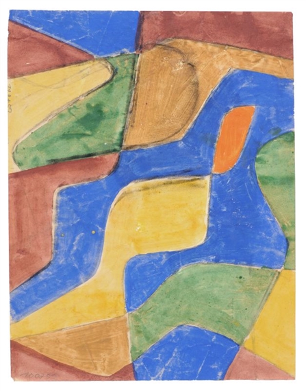 Kräftige Farbfelder zwischen Kurven: Blau, Ocker, Grün, Braun, Gelb