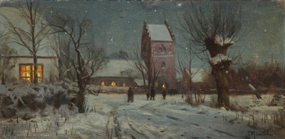 People on their way to church on a winter evening
