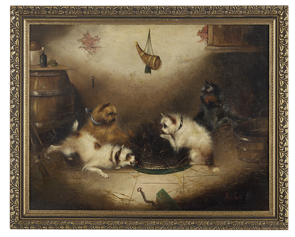 Frank Wormald Cassell | Playful Terriers in a Barn | MutualArt