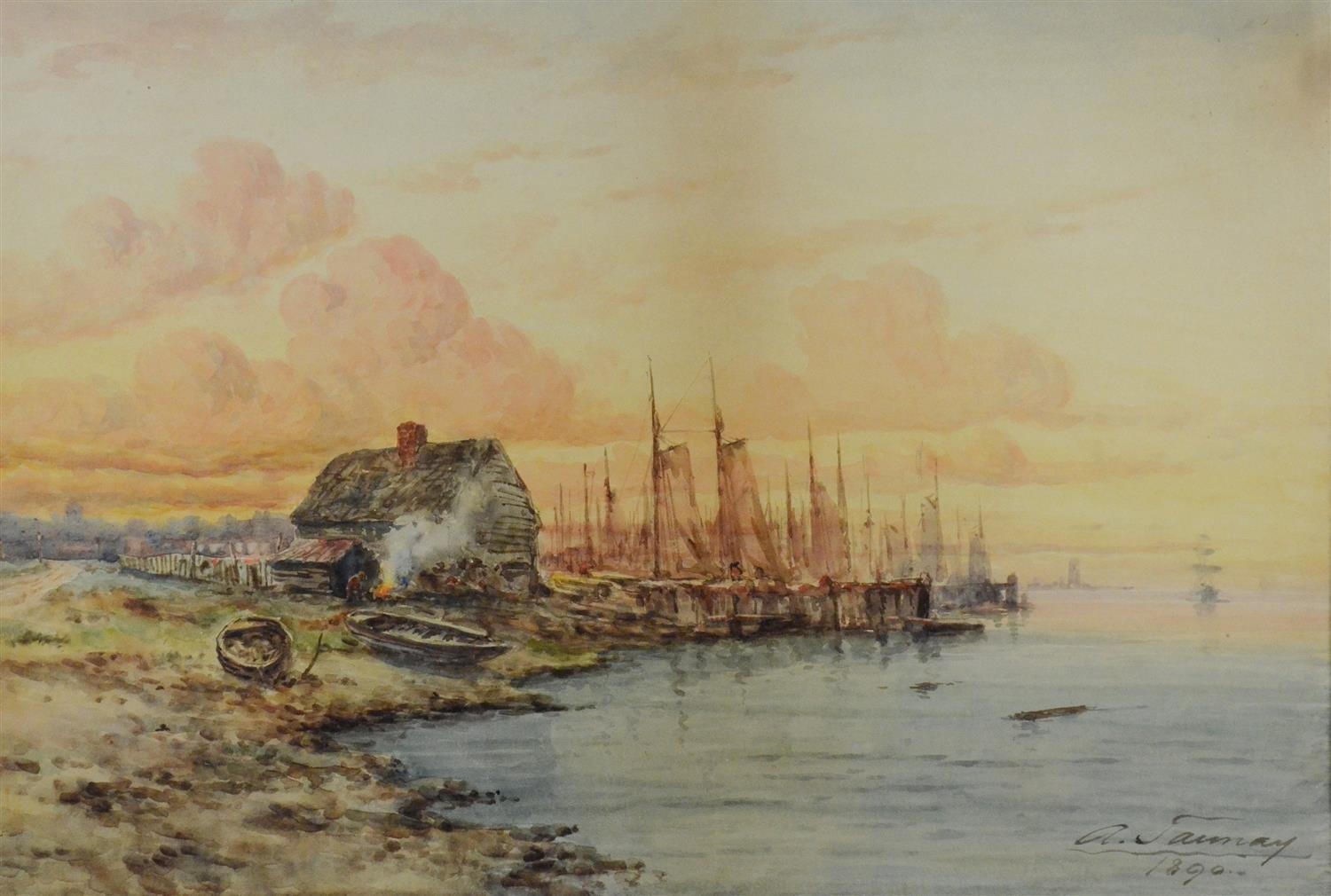 Artwork by Aimé-Adrien Taunay, Painting of Harbor Scene, Made of watercolor