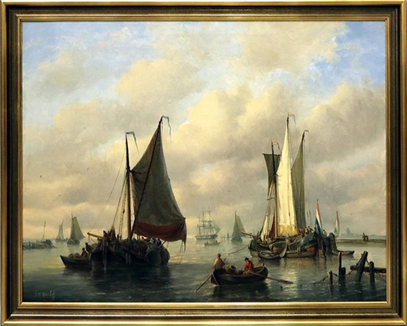 Segelschiffe und Fischerboote vor Meeresküste by Georg Willem Opdenhoff