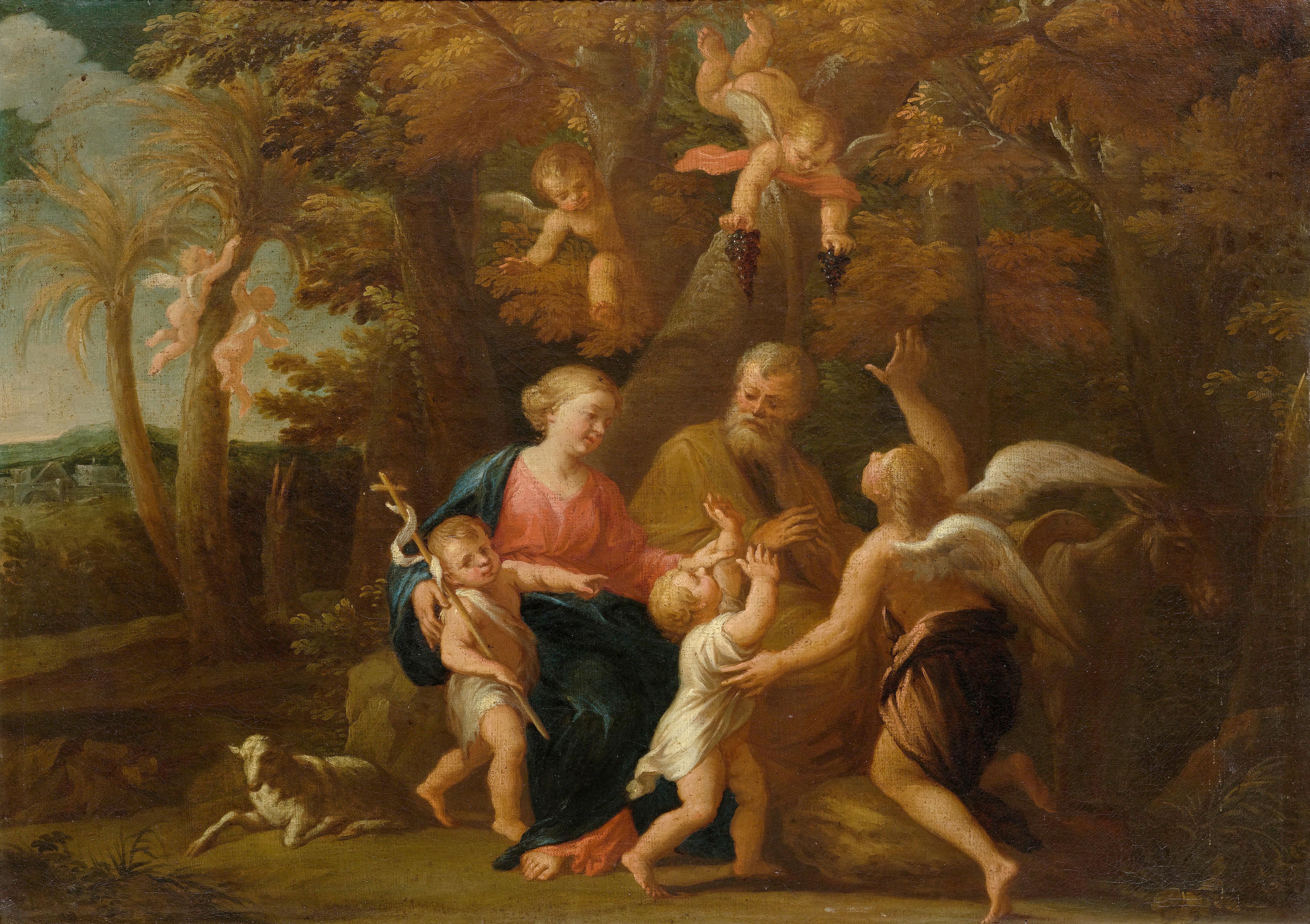 The Holy Family with John the Baptist and putti in a landscape by Nicolas Poussin