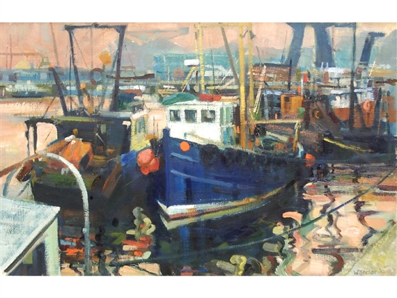 TRAWLERS WITH PINK SKY, GREENOCK by William Robert Sinclair