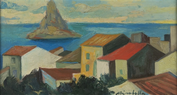 Paesaggio marino con case e scoglio by Saro Mirabella