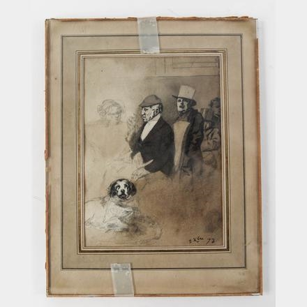 Untitled (a group of men, one female, and dog.) by Henry Monnier