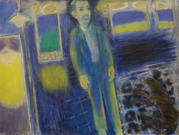 Artwork by Ernest Zobole, The artist`s home and standing self-portrait, Made of oil on canvas