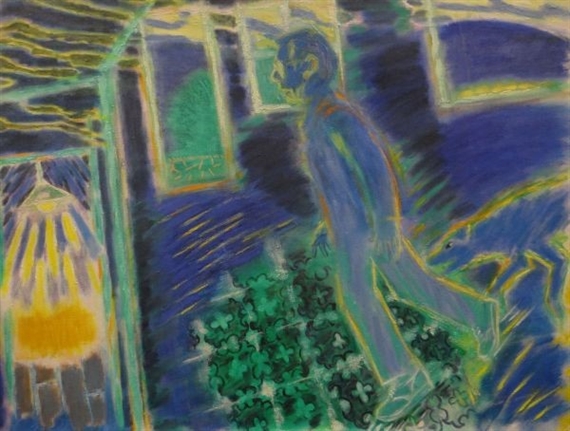 The artist`s home with himself walking by Ernest Zobole, 1988