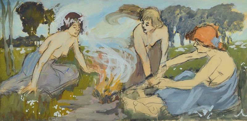 Artwork by Friedrich Koch, Three women around the campfire, Made of gouacheon paper