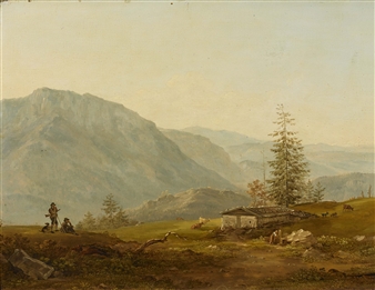 Mountain Landscape with Alpine Cabin and Hunters - Cantius Dillis