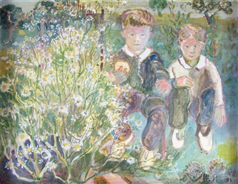 Zwei hockende Jungen neben einem Margeritenstrauch - Hans Sturn