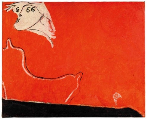 Amalassunta su Fondo Rosso Chiaro by Osvaldo Licini, 1949