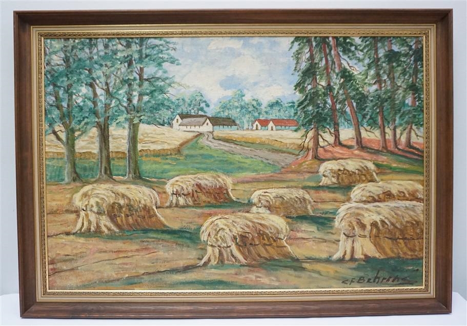 Artwork by C.F. Behrens, Haystacks and Farm, Made of Oil on canvas