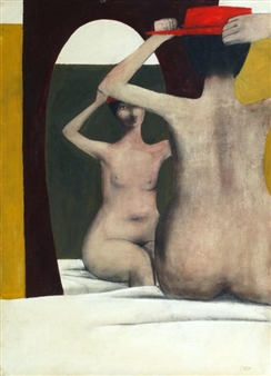 Nude before a mirror with a red hat - Lewin Bassingthwaighte
