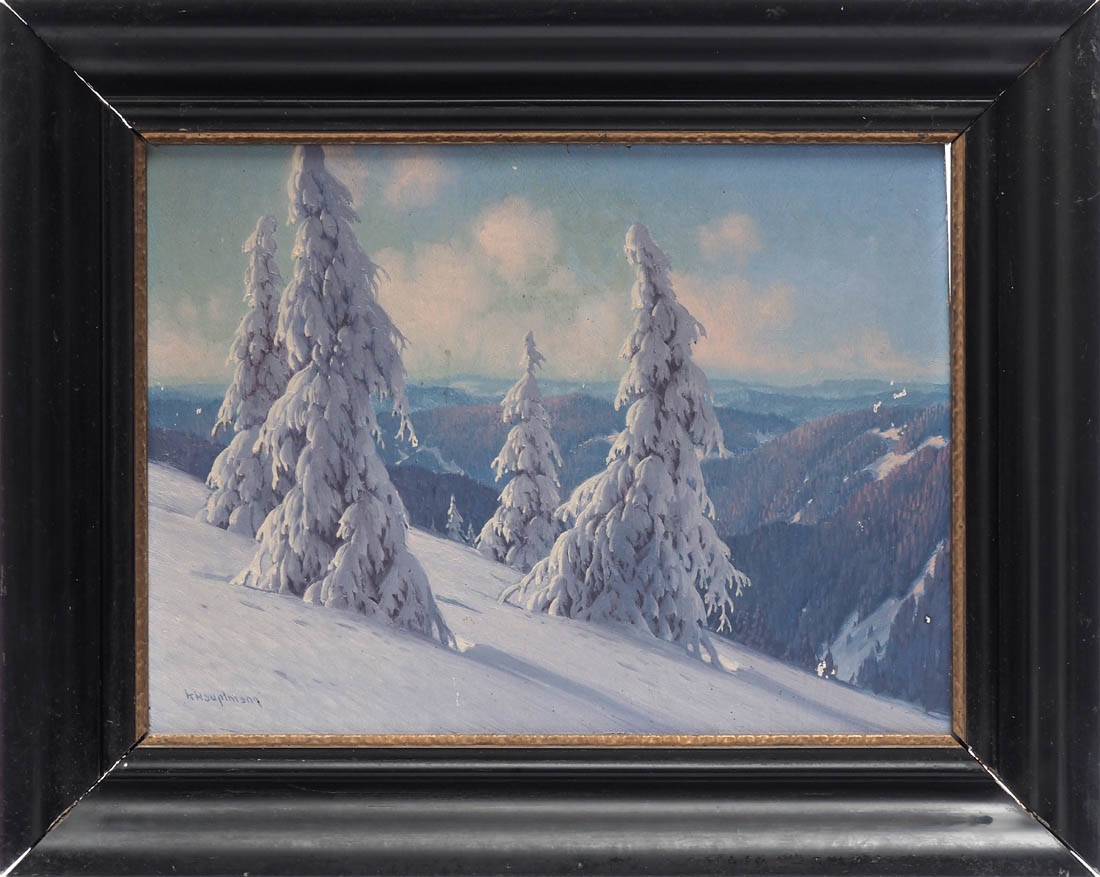 Artwork by Karl Hauptmann, Winterliche Schwarzwaldlandschaft, im Vordergrund vier verschneite Tannen, Made of oil on wood