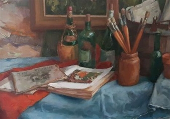 Interieur met schildersattributen en rozen op vaas - L. Vierhout