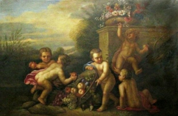 Roman School, 18th Century | Gioco di Putti con pesche e fiori | MutualArt