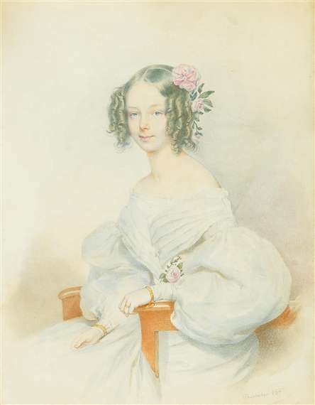 A portrait of a blond girl with a pointy nose by Josef Kriehuber, 1837