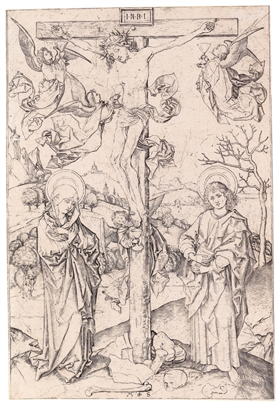 The Crucifixion with the Virgin and John the Baptist and four angels by Martin Schongauer