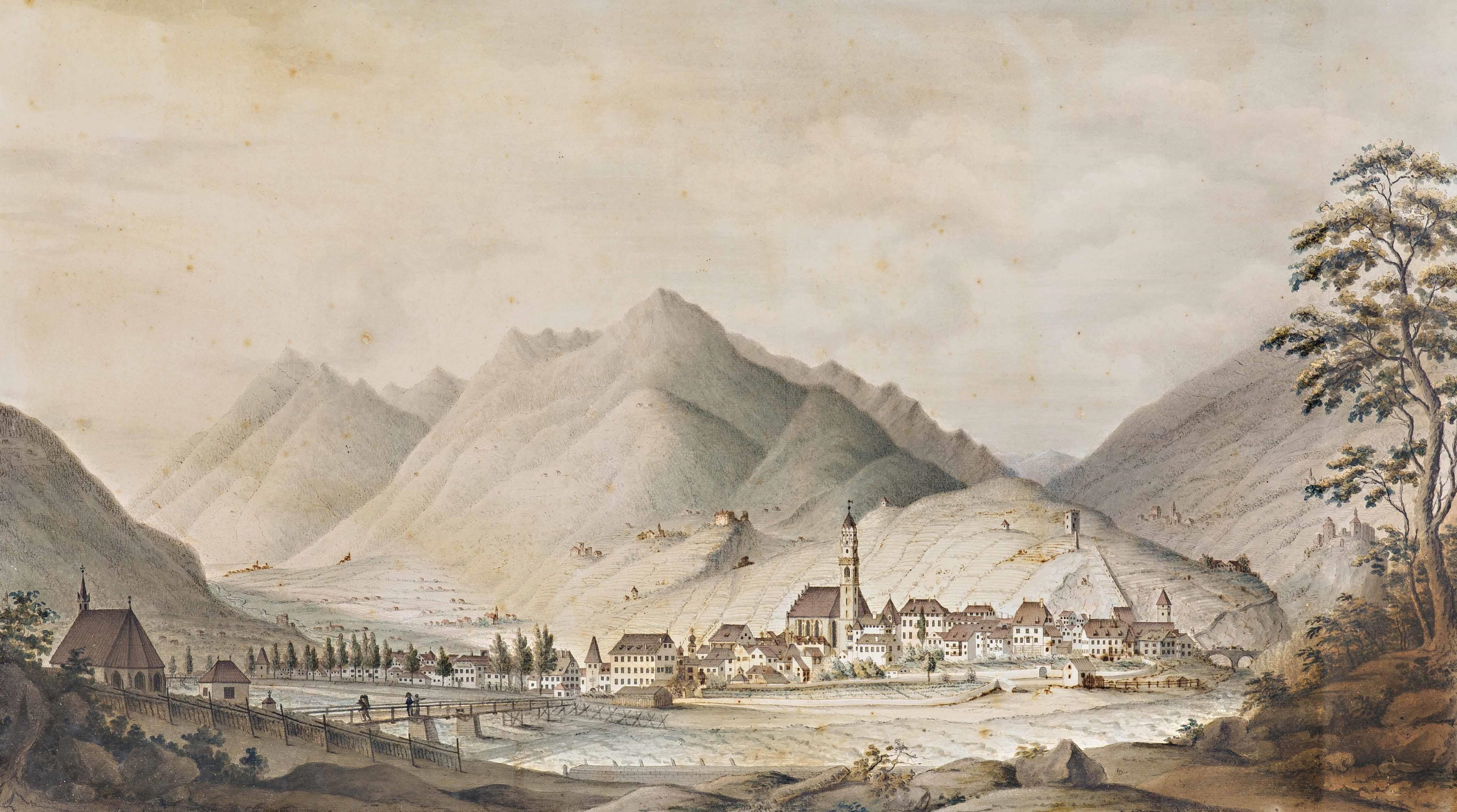 Artwork by Johann Leis, Prospect der Stadt und Gegend von Meran. Ihrem Königlichen Hoheiten Ludwig Kronprinz und Therese, Made of Gouache