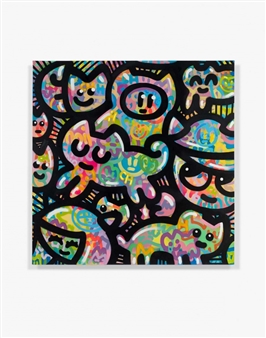 A vibrant pop-art collage of stylized cat faces in a chaotic, colorful pattern.