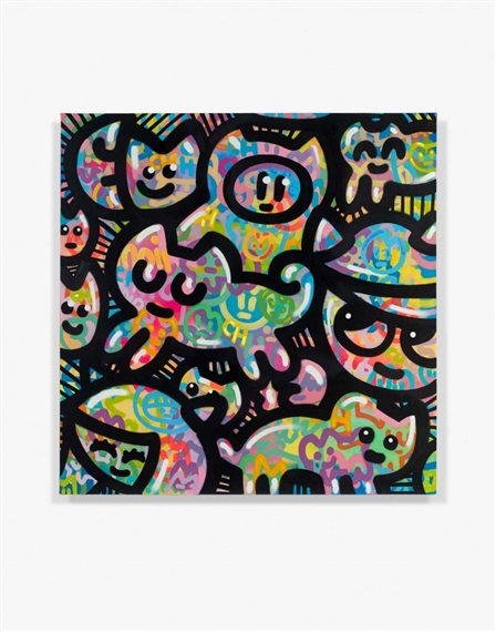 A vibrant pop-art collage of stylized cat faces in a chaotic, colorful pattern.