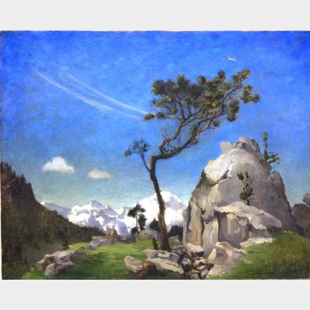 A vibrant landscape painting featuring a windswept tree, rocky outcrop, and distant snow-capped mountains under a bright blue sky.