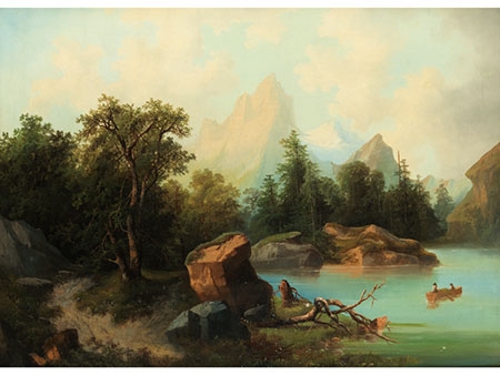 Gebirgssee mit Bauern und Heu in Einem Kahn by Albert Lang