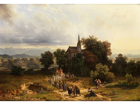 PROZESSION ZU EINER ANDACHT IM FREIEN by Johannes Cornelis Jacobus Mali, 1858