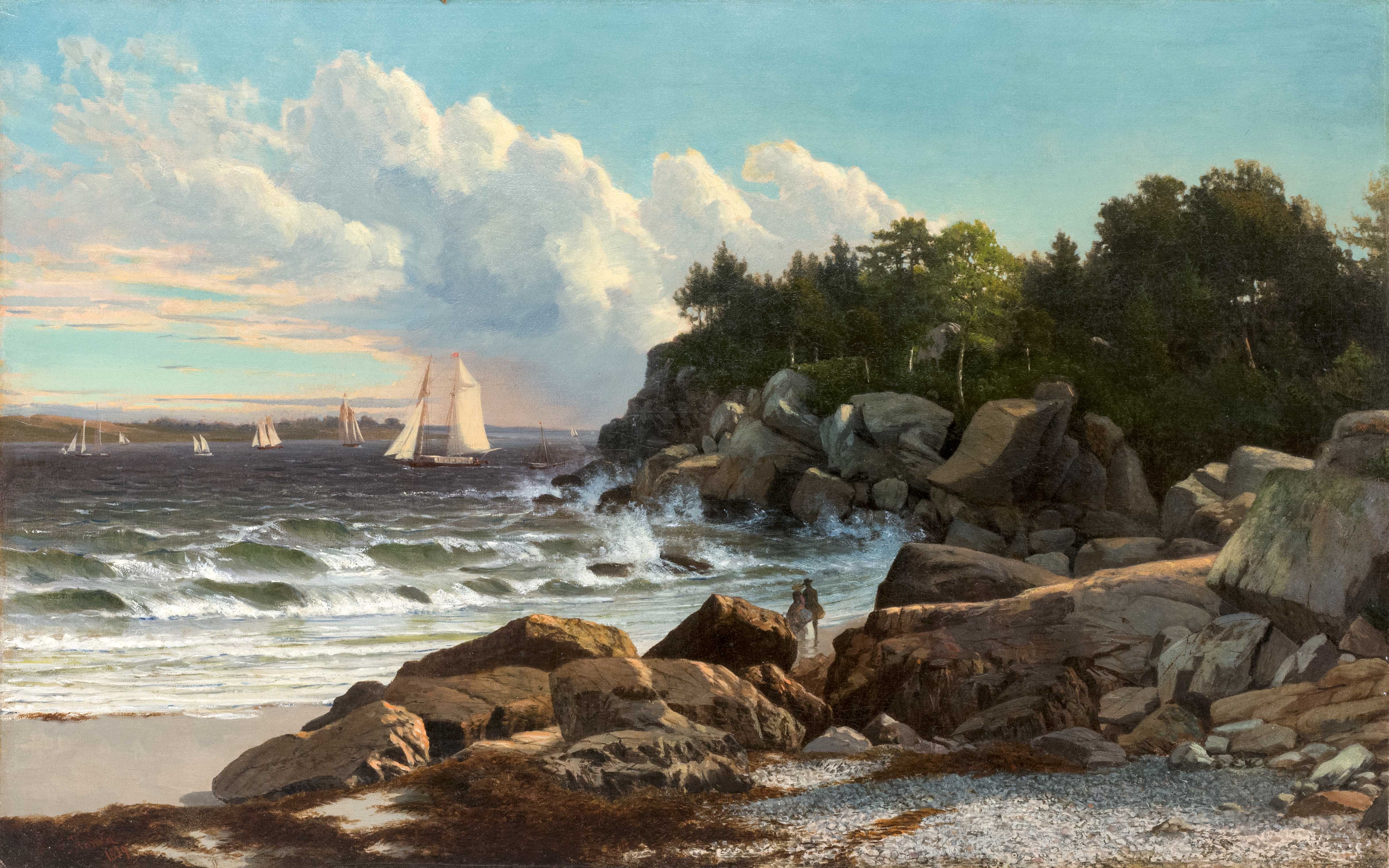 Rondel Frederick | Rocky shore scene with figures and numerous boats ...