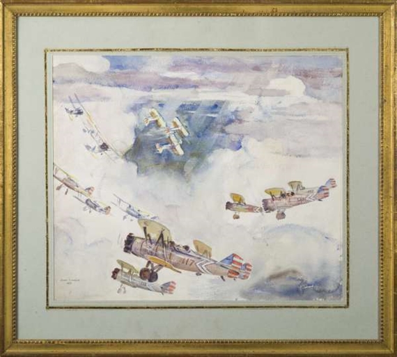 Two works: World War I scenes of biplanes in aerial combat by John Lavalle