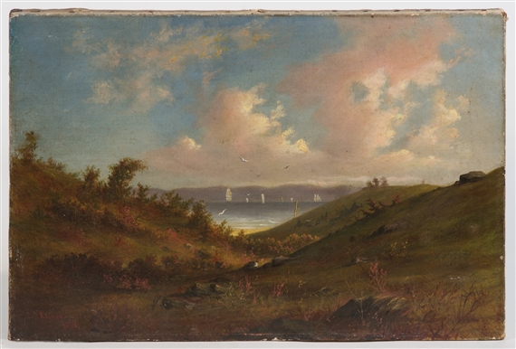 Sunset pink clouds over sailboats in a harbor, fall plants and floral background by Lemuel D. Eldred, 1868