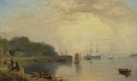 An estuary in Devon, possibly Torquay, with figures and small boats in the foreground and a man-of-war at anchor in the background by William Daniell
