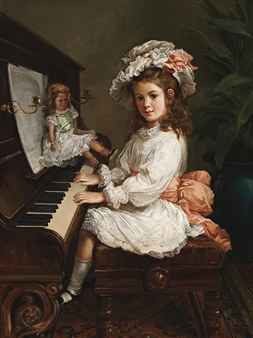 PORTRAIT OF MISS WINIFRED HUDSON AS A YOUNG GIRL, SEATED AT A PIANO, HER DOLL NEARBY - Nicolas Chevalier