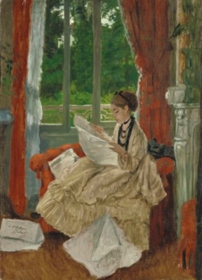 Jeune femme lisant le journal by James Jacques Joseph Tissot
