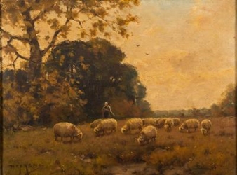 Shepherdess and Sheep in a wooded field - Martinus Jacobus Nefkens