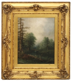 Landscape; riverbed forest scene with tall trees - J. C. Durand