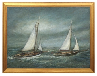 Painting with 2 boats sailing on the open seas - Jillian Dyston