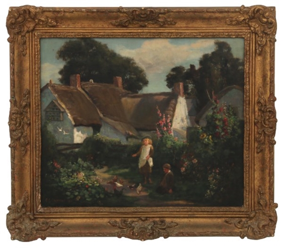 Cottage scene painting with tall floral bushes and 2 children feeding chickens by Constance Copeman, 1901