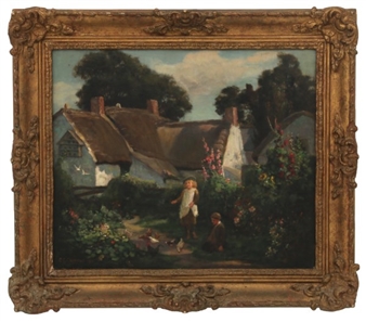 Cottage scene painting with tall floral bushes and 2 children feeding chickens - Constance Copeman