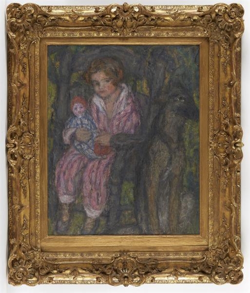 A soft-focus portrait of a seated figure holding a doll, framed in ornate gold.