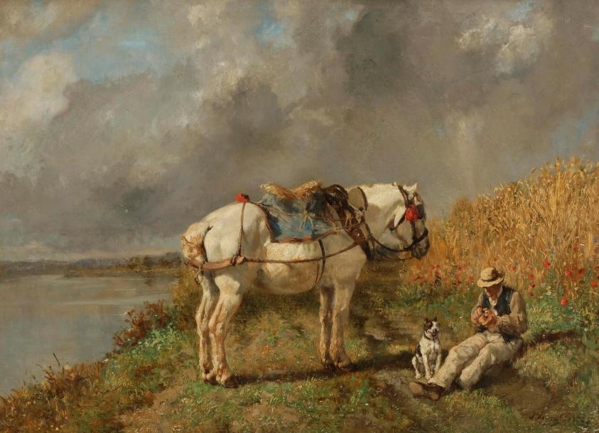 Paysan et cheval au repos by Jules Jacques Veyrassat, 1879