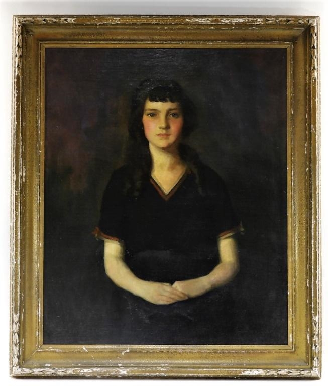 Artwork by Bosnian School, 20th Century, Portrait of a young woman with long brown hair and red rosy cheeks wearing a black dress with red trim, Made of Oil on canvas