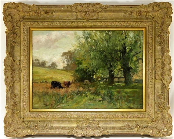 Impressionist landscape of cows grazing in a pasture by Joe Milne