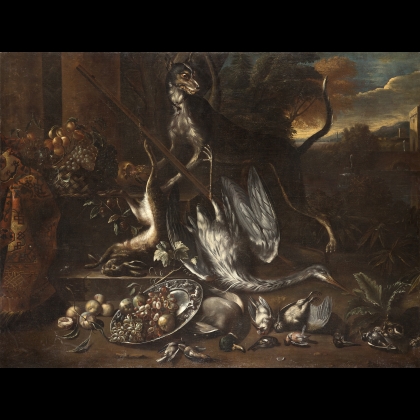 Angelo Maria Crivelli | Still life with game, dog and fruit en plein ...