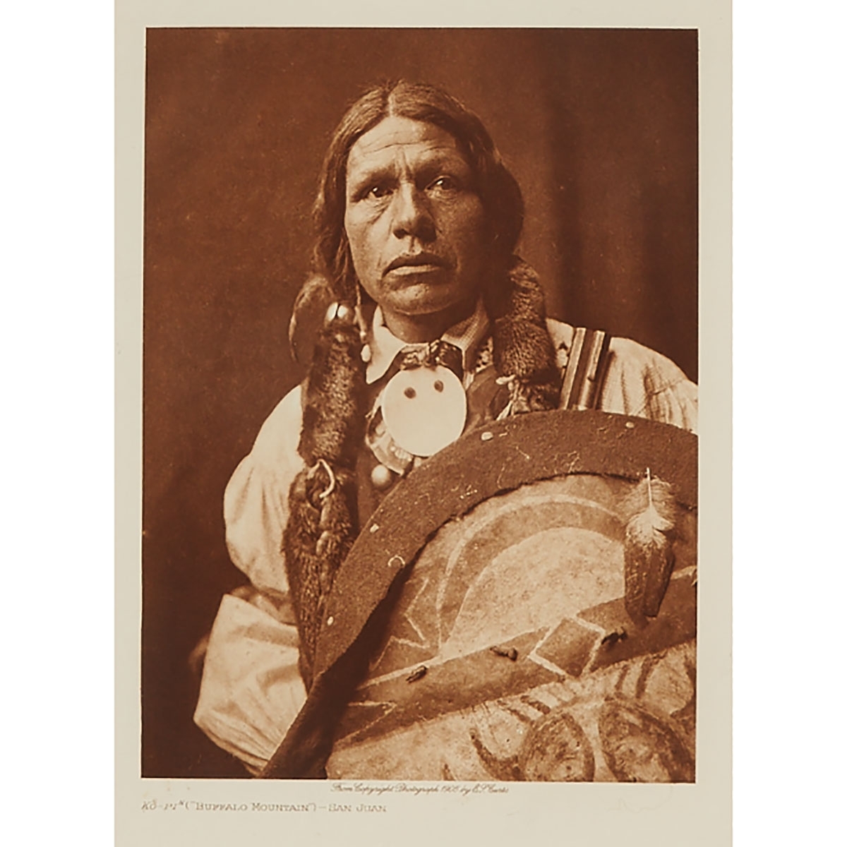 Artwork by Edward S. Curtis, 3 Works: SAN JUAN; NAKOAKTOK CHIEF AND COPPER;RUNNING FISHER - ATSINA, Made of Photogravures in sepia tone