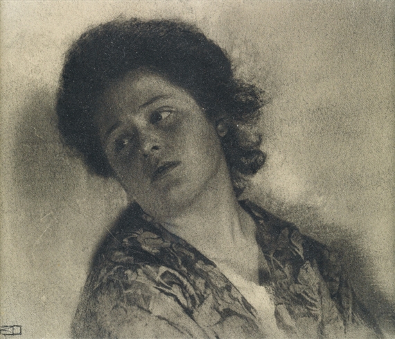 A monochromatic portrait of a person with dark curly hair and a patterned garment, rendered in soft charcoal.