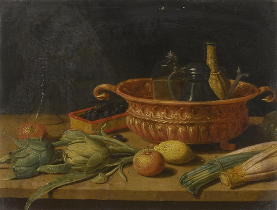 STILL LIFE OF FRUIT, VEGETABLES, A COPPER POT AND OTHER OBJECTS ON A TABLE by Pseudo Jan van Kessel II