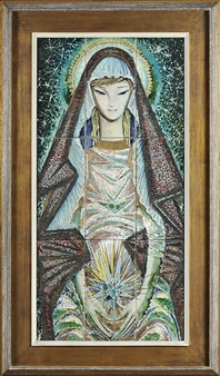 A framed mosaic-style portrait of a robed figure with a radiant, starburst-like glow at the chest.