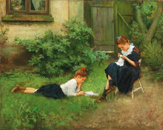 Leisure hours of two girls in the a garden by Hermann Seeger